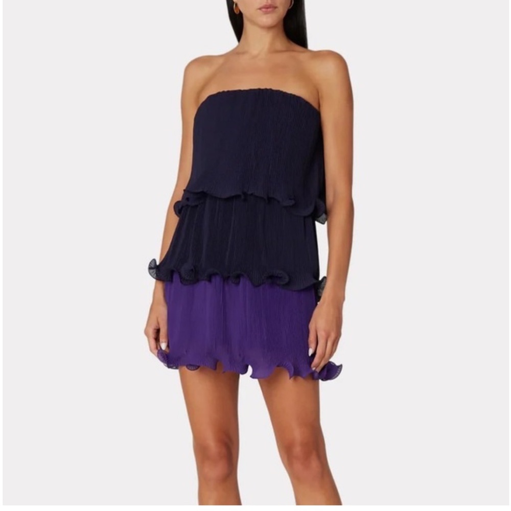 Milly Sylvie Pleated Chiffon Tiered Strapless Mini Cocktail Dress Navy Purple 6